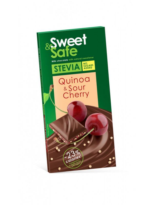 Ciocolata cu lapte cu quinoa si visine cu indulcitor stevie 90gr "sweet & safe" sly nutritia
