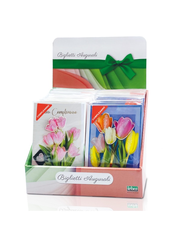Felicitare 3D Flowers, cu modele asortate, cu detalii in relief, aurii si sclipici pe exteriorul felicitarii - 11.5 x 17 cm (12 buc/display)