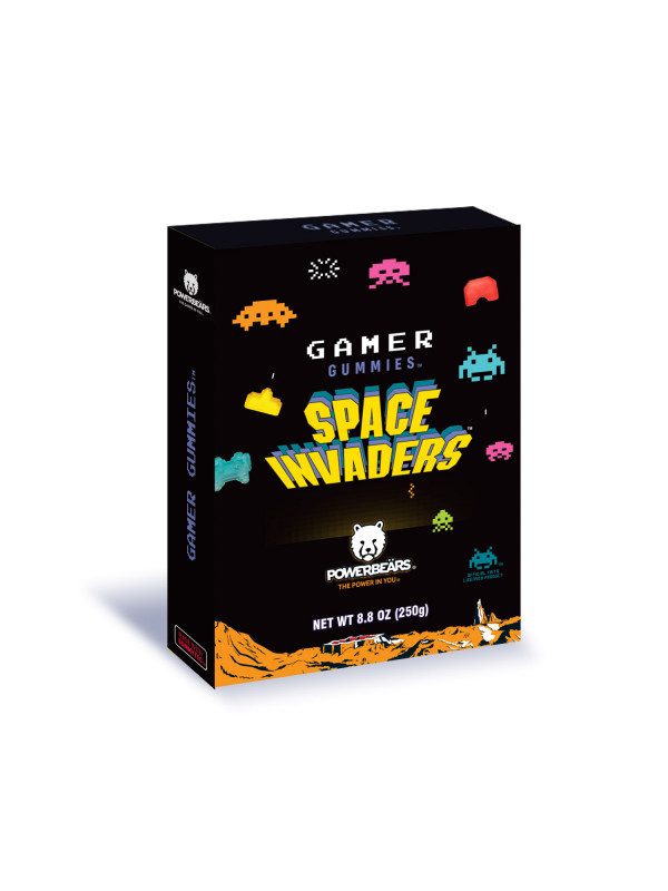 Jeleuri gumate "SPACE INVADERS" cu 20% suc din fructe, vit. C si vit. E 250g GIFT BOX POWERBEARS