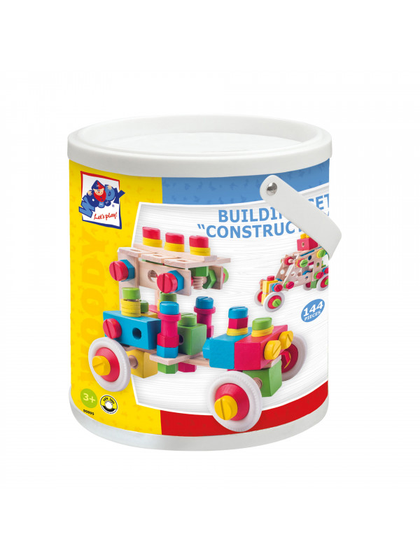 Jucarie din lemn - Set de constructie la galeata (144 piese)