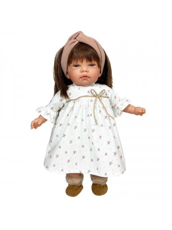 Papusa Nines D'Onil, Celia, cu parul saten, cu rochie alba, cu miros de vanilie, 45 cm