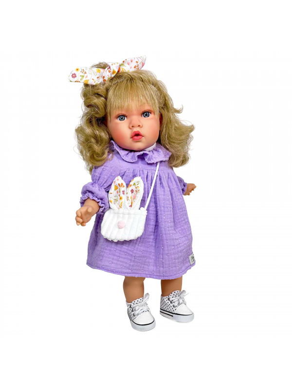 Papusa Nines D'Onil, Susette Plumeti, cu parul blond, cu sunete, cu rochie mov, cu miros de vanilie, 45 cm