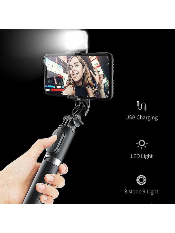 Set 3in1, Selfie Stick cu Lampa LED si Trepied, conectare Bluetooth, alimentare USB