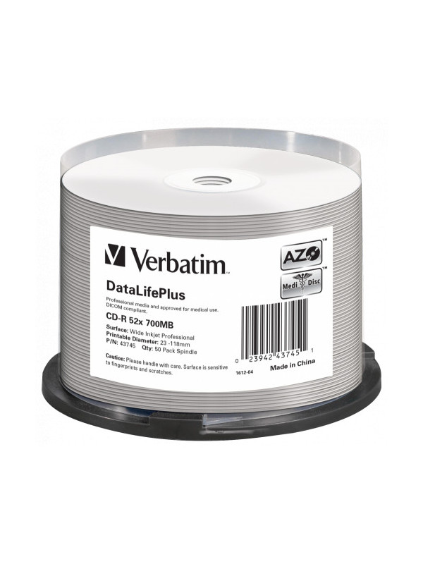 Verbatim cd-r azo 700mb 52x dl+ white wide printable surface non-id