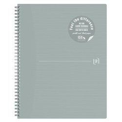 CAIET OXFORD ORIGINS, A4+ 70 FILE, HARTIE OPTIK 90G/MP, SPIRA DUBLA, SCRIBZEE, ECOLABEL, COPERTA PLASTIFIATA FLEXIBILA, MICROPERFORATII, PAGINA INFO PERSONALE, PATRATELE, CULOARE GRI