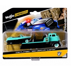 MAISTO DESIGN ELITE TRANSPORT SET CAMION CU RAMPA COE FLATBED SI MASINUTA MERCURY CUSTOM 1950 SCARA 1 LA 64