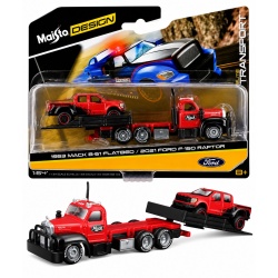 MAISTO DESIGN ELITE TRANSPORT SET CAMION CU RAMPA MACK B 61 FLATBED 1953 SI MASINUTA FORD F150 RAPTOR 2021 SCARA 1 LA 64 - Img 4