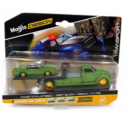 MAISTO DESIGN ELITE TRANSPORT SET CAMION CU RAMPA MAISTO FLATBED SI MASINUTA BUICK REGAL T TYPE 1987 SCARA 1 LA 64