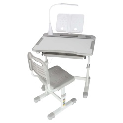 Set birou reglabil pentru copii cu scaun ergonomic, lampa LED USB, blat inclinabil, suport carti si organizator, 70 x 51 cm, culoare gri/alb, pentru scolari si prescolari - Img 3