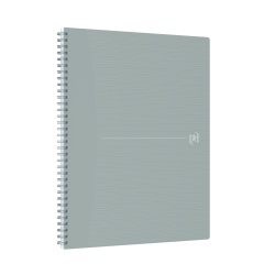 CAIET OXFORD ORIGINS, A4+ 70 FILE, HARTIE OPTIK 90G/MP, SPIRA DUBLA, SCRIBZEE, ECOLABEL, COPERTA PLASTIFIATA FLEXIBILA, MICROPERFORATII, MARGINI LINIATE, PAGINA INFO PERSONALE, DICTANDO, CULOARE GRI