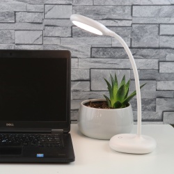 LAMPA UNILUX LED GALY 1800 PORTABILA PENTRU BIROU, DESIGN MINIMALIST SI COMPACT, BRAT 30 CM FLEXIBIL CE SE POATE ROTI LA 360Â°, BATERIE INCORPORATA, CABLU USB INCLUS, COMUTATOR TACTIL, MATERIAL METAL/ABS, BRAT METALIC CAUCIUCAT, CULOARE ALB