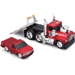 MAISTO MUSCLE TRANSPORTS SET CAMION CU PLATFORMA MACK R685ST FLATBED 1980 SI MASINUTA CHEVROLET 454 SS PICKUP 1993 SCARA 1 LA 64 - Img 9