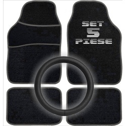 Set Auto Essential AVEX – 5 piese, Covorase Universale Mocheta + Husa Volan Piele Ecologica Perforata, Negru