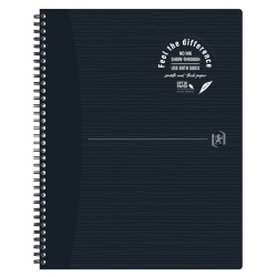 CAIET OXFORD ORIGINS, A4+ 70 FILE, HARTIE OPTIK 90G/MP, SPIRA DUBLA, SCRIBZEE, ECOLABEL, COPERTA PLASTIFIATA FLEXIBILA, MICROPERFORATII, PAGINA INFO PERSONALE, PATRATELE, CULOARE NEGRU