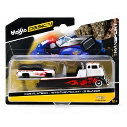 MAISTO DESIGN ELITE TRANSPORT SET CAMION CU RAMPA COE FLATBED SI MASINUTA CHEVROLET K5 BLAZER 1979 SCARA 1 LA 64 - Img 2