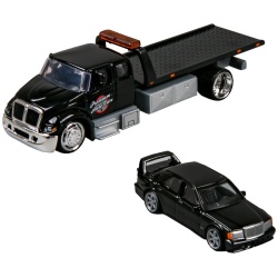 MAISTO DESIGN ELITE TRANSPORT SET CAMION CU RAMPA INTERNATIONAL DURASTAR FLATBED SI MASINUTA MERCEDES BENZ 190E 1990 SCARA 1 LA 64 - Img 2