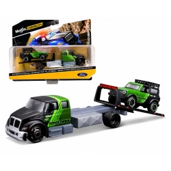 MAISTO DESIGN ELITE TRANSPORT SET CAMION CU RAMPA INTERNATIONAL DURASTAR FLATBED SI MASINUTA FORD BRONCO WILDTRAK 2021 SCARA 1 LA 64 - Img 4
