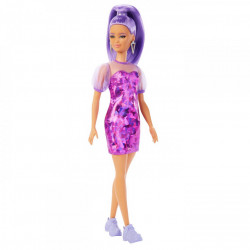 PAPUSA BARBIE FASHIONISTA CU PAR MOV CU ROCHIE CU UMERI BUFANTI - Img 2