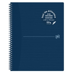 CAIET OXFORD ORIGINS, A4+ 70 FILE, HARTIE OPTIK 90G/MP, SPIRA DUBLA, SCRIBZEE, ECOLABEL, COPERTA PLASTIFIATA FLEXIBILA, MICROPERFORATII, PAGINA INFO PERSONALE, PATRATELE, CULOARE ALBASTRU INCHIS