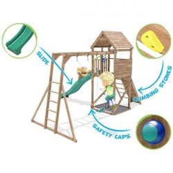 Complex de joaca FrontierFort Max cu Monkey Bars si 2 leagane, tobogan verde 2.9 m, Dunster House - Img 3
