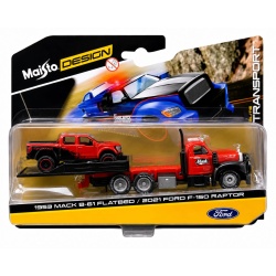 MAISTO DESIGN ELITE TRANSPORT SET CAMION CU RAMPA MACK B 61 FLATBED 1953 SI MASINUTA FORD F150 RAPTOR 2021 SCARA 1 LA 64
