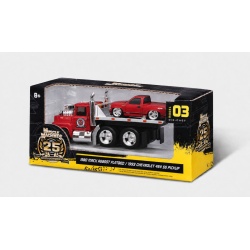MAISTO MUSCLE TRANSPORTS SET CAMION CU PLATFORMA MACK R685ST FLATBED 1980 SI MASINUTA CHEVROLET 454 SS PICKUP 1993 SCARA 1 LA 64