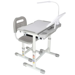 Set birou reglabil pentru copii cu scaun ergonomic, lampa LED USB, blat inclinabil, suport carti si organizator, 70 x 51 cm, culoare gri/alb, pentru scolari si prescolari - Img 4