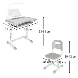 Set birou reglabil pentru copii cu scaun ergonomic, lampa LED USB, blat inclinabil, suport carti si organizator, 70 x 51 cm, culoare gri/alb, pentru scolari si prescolari - Img 14