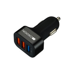 CANYON C-07 Universal 3xUSB car adapter(1 USB with Quick Charger QC3.0), Input 12-24V, Output USB/5V-2.1A+QC3.0/5V-2.4A&9V-2A&12V-1.5A, with Smart IC, black rubber coating+black metal ring+QC3.0 port with blue/other ports in orange, 66*35.2*25.1mm, 0.025
