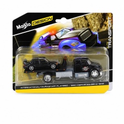 MAISTO DESIGN ELITE TRANSPORT SET CAMION CU RAMPA INTERNATIONAL DURASTAR FLATBED SI MASINUTA MERCEDES BENZ 190E 1990 SCARA 1 LA 64