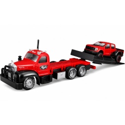 MAISTO DESIGN ELITE TRANSPORT SET CAMION CU RAMPA MACK B 61 FLATBED 1953 SI MASINUTA FORD F150 RAPTOR 2021 SCARA 1 LA 64 - Img 2