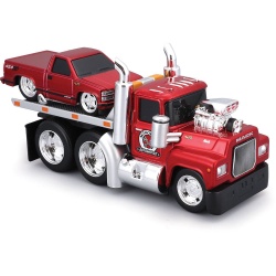 MAISTO MUSCLE TRANSPORTS SET CAMION CU PLATFORMA MACK R685ST FLATBED 1980 SI MASINUTA CHEVROLET 454 SS PICKUP 1993 SCARA 1 LA 64 - Img 7