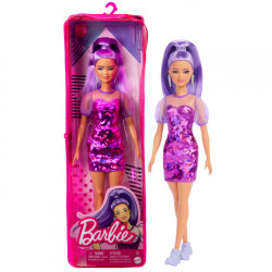 PAPUSA BARBIE FASHIONISTA CU PAR MOV CU ROCHIE CU UMERI BUFANTI - Img 5