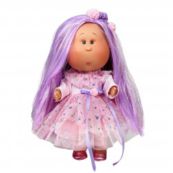 Papusa Nines D'Onil, Mia, cu parul mov, cu sclipici, cu articulatii, cu miros de vanilie, 30 cm