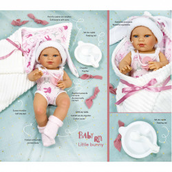 Papusa Nines D'Onil, Little Bunny, bebelus RN, cu hainute roz, cu paturica, cu miros de vanilie, 37 cm - Img 2