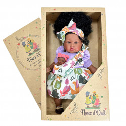 Papusa Nines D'Onil, Maria Afro, cu sunete, cu bebelus, cu rochie mov, cu miros de vanilie, 45 cm - Img 4