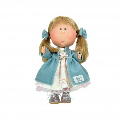Papusa Nines D'Onil, Mia, cu parul blond si funde albastre, cu articulatii, cu miros de vanilie, 30 cm
