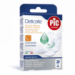 Plasturi piele sensibila PIC SOLUTION DELICATE mix 4 dimensiuni cu solutie antibacteriana 20 buc/cut