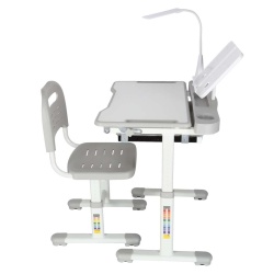 Set birou reglabil pentru copii cu scaun ergonomic, lampa LED USB, blat inclinabil, suport carti si organizator, 70 x 51 cm, culoare gri/alb, pentru scolari si prescolari - Img 5