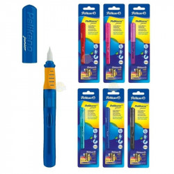STILOU PELIKANO JUNIOR, PENITA L, GRIP ERGONOMIC, PENTRU STANGACI, 1 PATRON MARE ALBASTRU INCLUS, CULORI ASORTATE ROZ/TURCOAZ/ANTRACIT/ALBASTRU, BLISTER