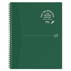 CAIET OXFORD ORIGINS, A4+ 70 FILE, HARTIE OPTIK 90G/MP, SPIRA DUBLA, SCRIBZEE, ECOLABEL, COPERTA PLASTIFIATA FLEXIBILA, MICROPERFORATII, PAGINA INFO PERSONALE, PATRATELE, CULOARE VERDE