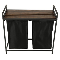Cos mare de rufe cu doua compartimente, cu raft si blat din lemn, model LOFT, culoare neagra - Img 6