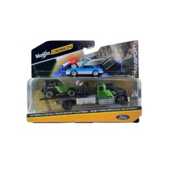 MAISTO DESIGN ELITE TRANSPORT SET CAMION CU RAMPA INTERNATIONAL DURASTAR FLATBED SI MASINUTA FORD BRONCO WILDTRAK 2021 SCARA 1 LA 64