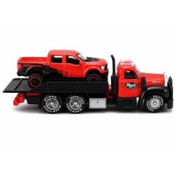 MAISTO DESIGN ELITE TRANSPORT SET CAMION CU RAMPA MACK B 61 FLATBED 1953 SI MASINUTA FORD F150 RAPTOR 2021 SCARA 1 LA 64 - Img 3