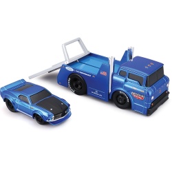 MAISTO MUSCLE TRANSPORTS SET CAMION CU PLATFORMA FORD C600 FLATBED 1966 SI MASINUTA FORD MUSTANG GT 1969 SCARA 1 LA 64 - Img 8