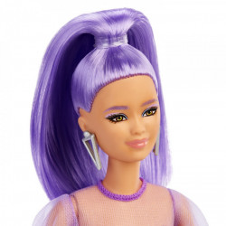 PAPUSA BARBIE FASHIONISTA CU PAR MOV CU ROCHIE CU UMERI BUFANTI - Img 7