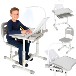 Set birou reglabil pentru copii cu scaun ergonomic, lampa LED USB, blat inclinabil, suport carti si organizator, 70 x 51 cm, culoare gri/alb, pentru scolari si prescolari - Img 2