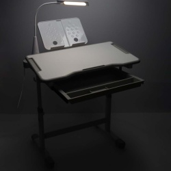 Set birou reglabil pentru copii cu scaun ergonomic, lampa LED USB, blat inclinabil, suport carti si organizator, 70 x 51 cm, culoare gri/alb, pentru scolari si prescolari - Img 12