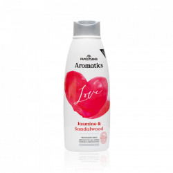 Gel de dus 100% vegan LOVE AROMATICS cu parfum de iasomie si lemn de santal, cu prebiotice, vit. E si aloe 600ml