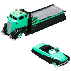 MAISTO DESIGN ELITE TRANSPORT SET CAMION CU RAMPA COE FLATBED SI MASINUTA MERCURY CUSTOM 1950 SCARA 1 LA 64 - Img 3